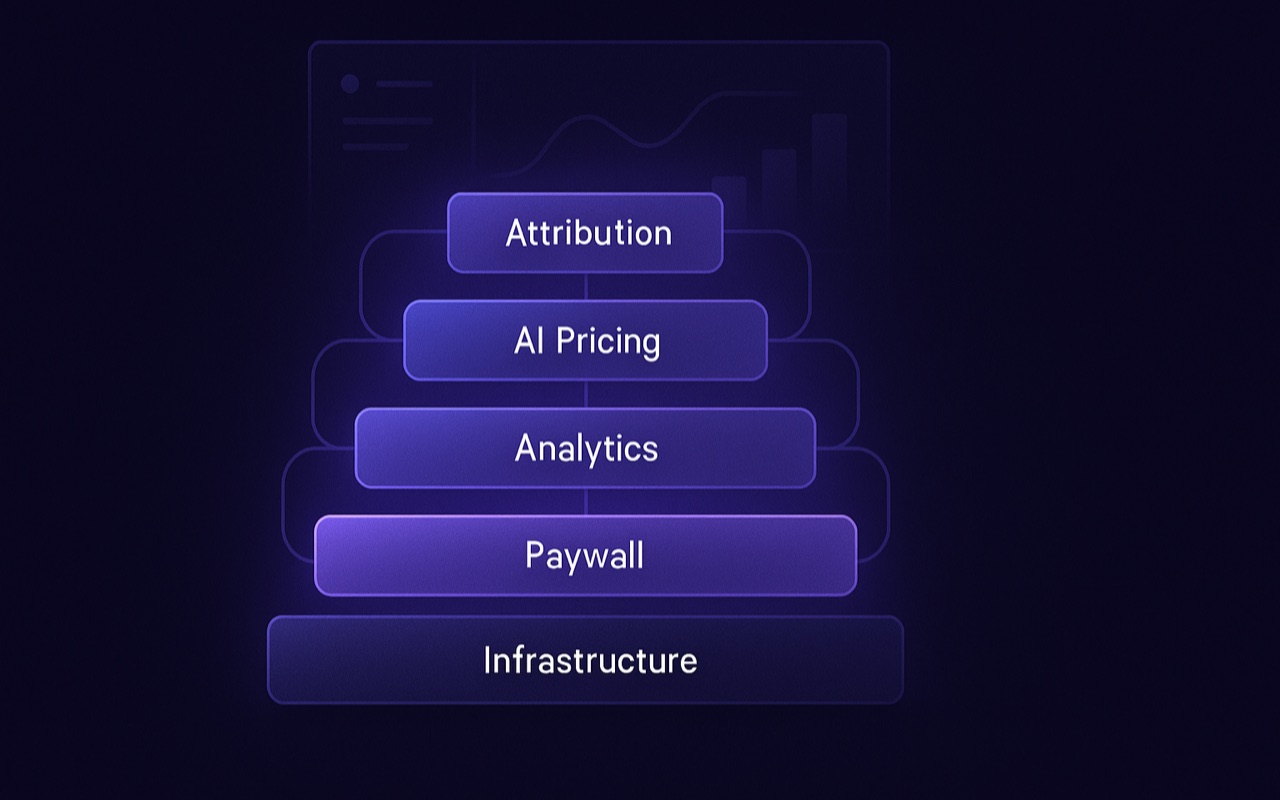 Illustrative layered diagram of a subscription tooling stack: infrastructure, paywall builder, analytics, AI pricing and attribution layers on a dark theme