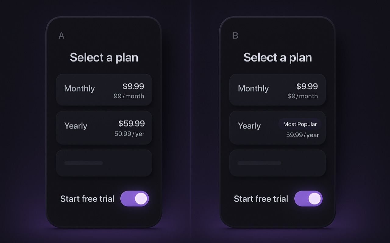Illustrative side-by-side of two mobile paywall A/B variants on a dark theme, with anchor pricing and a free-trial toggle