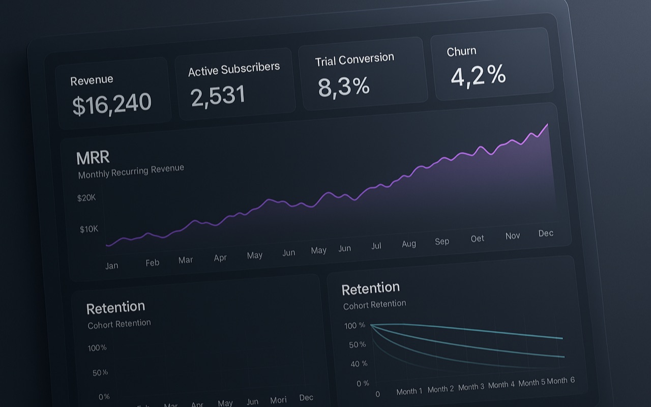 Illustrative dark-theme subscription analytics dashboard showing MRR tiles, a revenue trend chart, and cohort retention curves