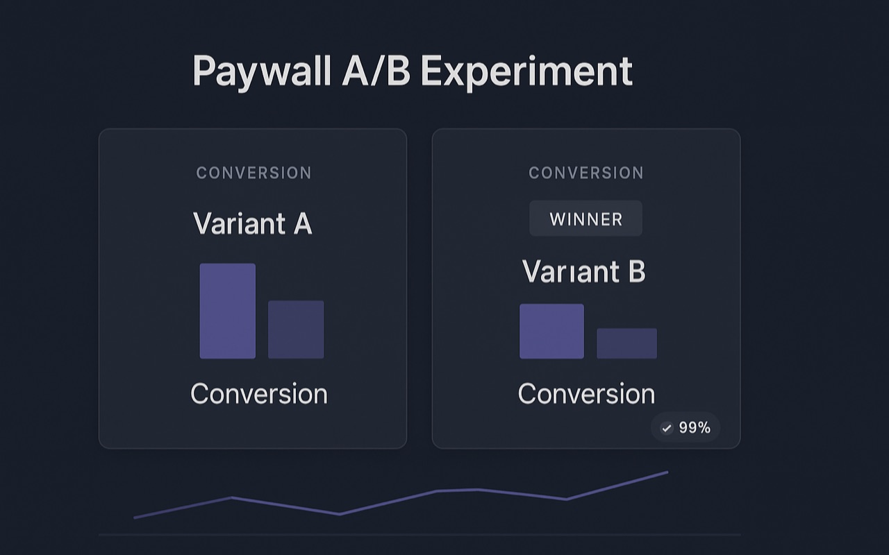 Illustrative dark-theme dashboard showing a generic paywall A/B experiment with two variants and conversion results